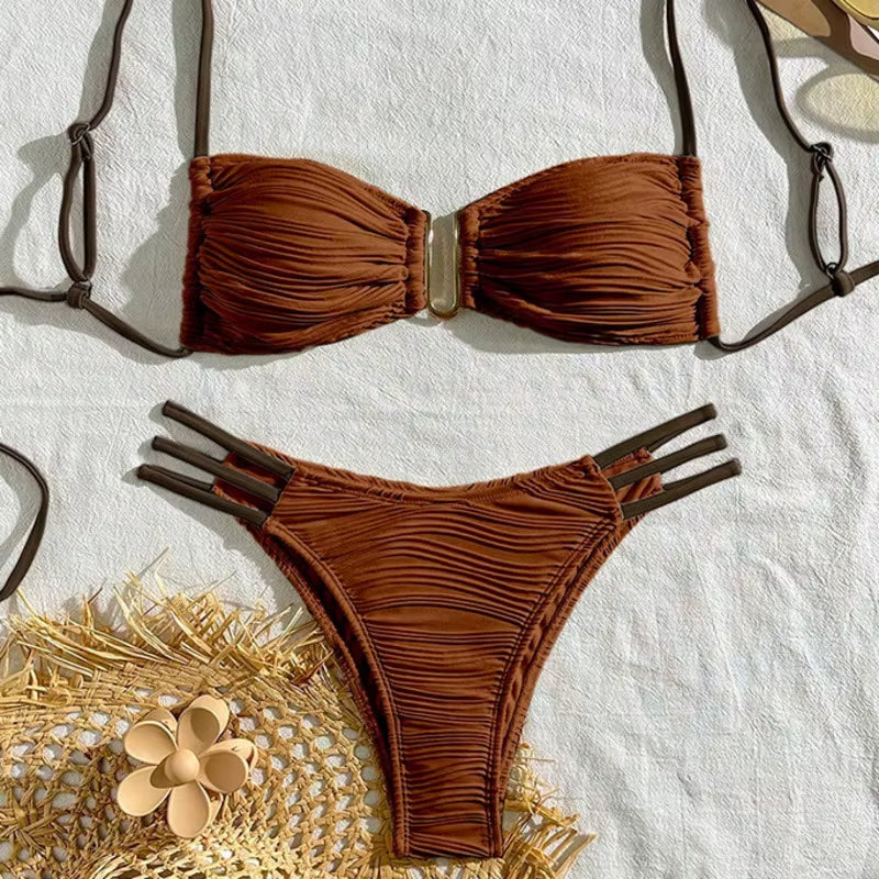Mira Bikini Ruched Bandeau Set Brown