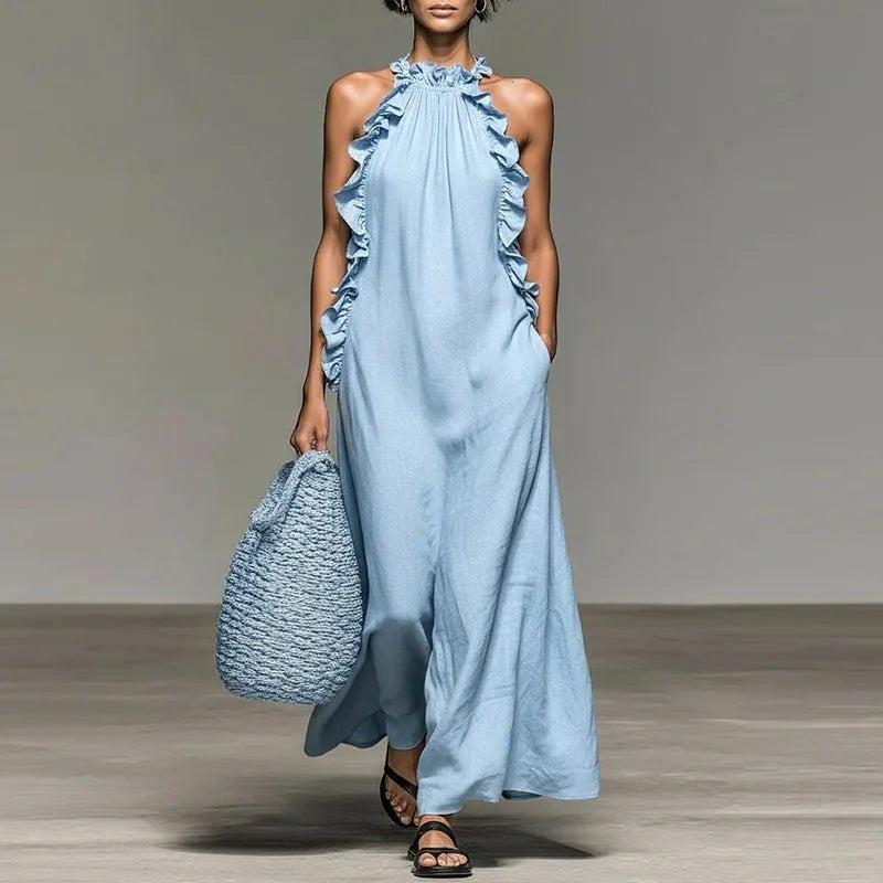 Mira halter boho ruffle maxi dress - Light Blue
