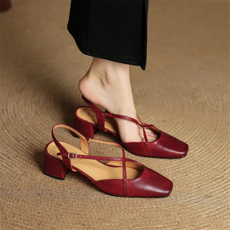 Clara Closed Toe Leather Block Heels - Red