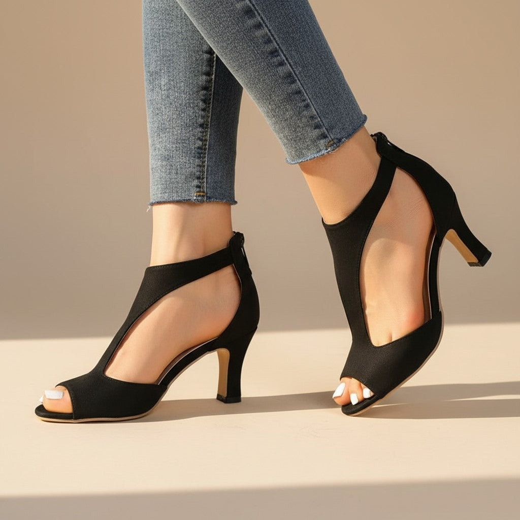 Clara Peep Toe Block Heels - Black