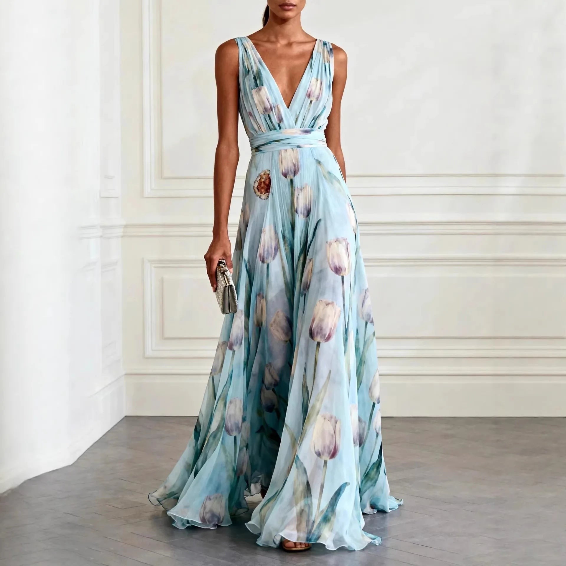 Eden Wrap Chiffon Wedding Guest Maxi Dress - Sky Blue