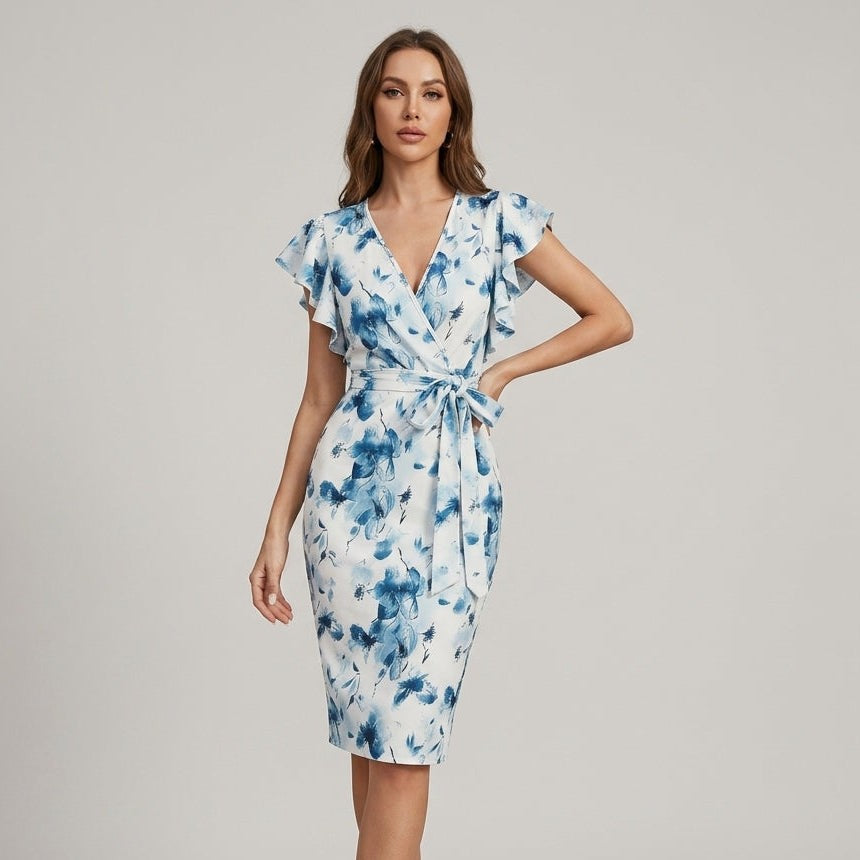 Soline flutter sleeve floral midi dress - Blue
