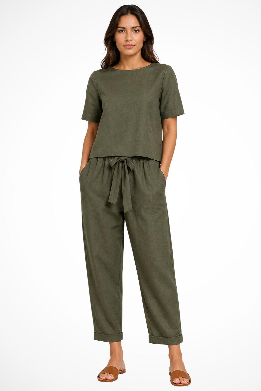 Nola tapered linen pants set - Army Green