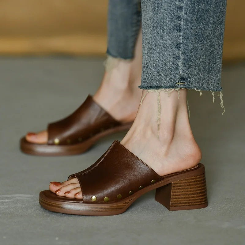 Piper heeled platform block heel mules - Brown