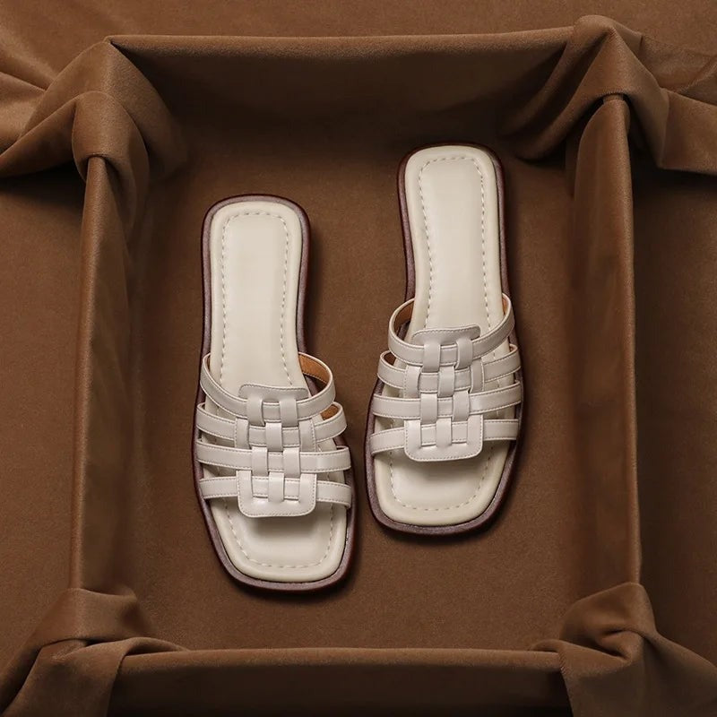 Pia Woven Flat Leather Slide Sandals - Beige