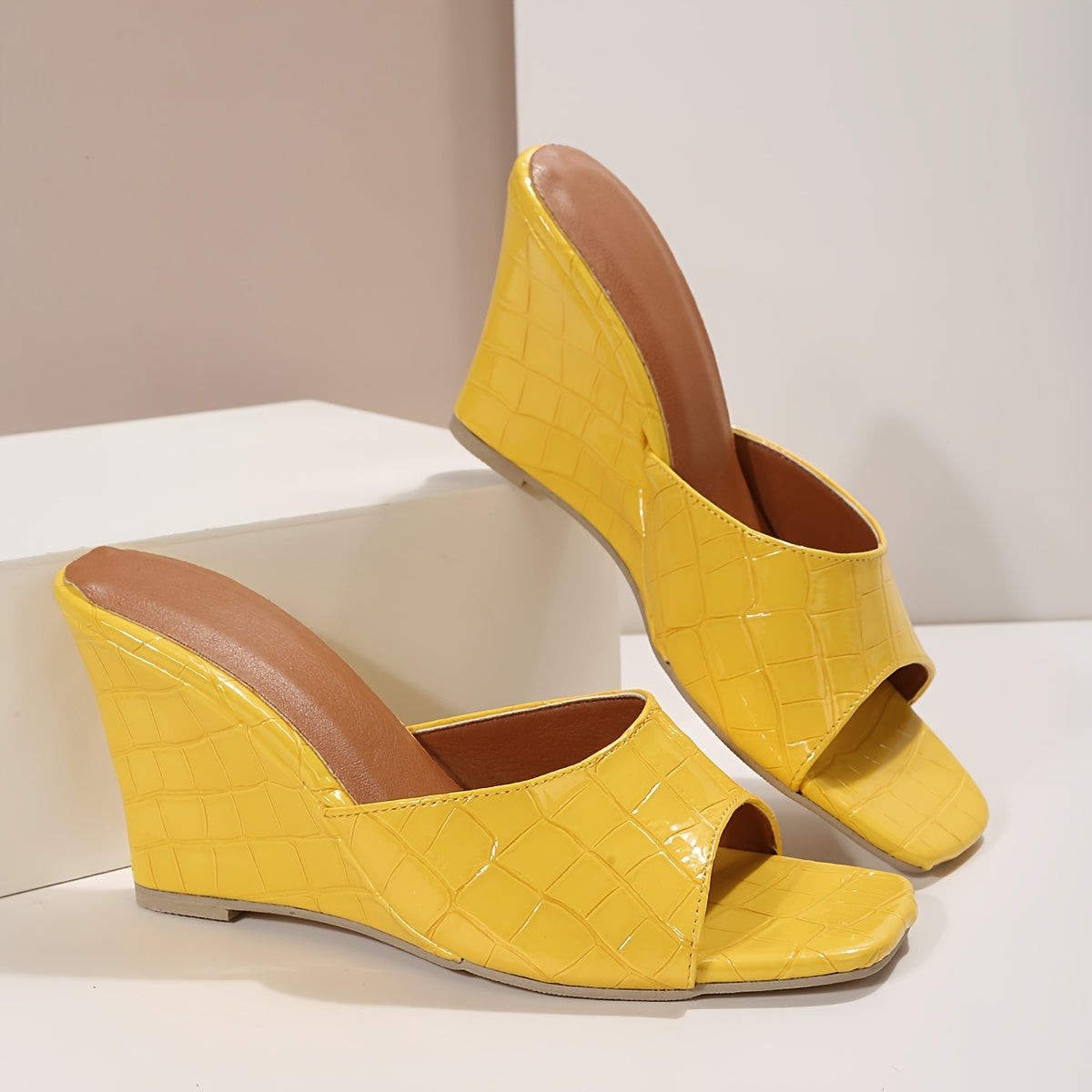 Piper square toe croc wedge slide sandals - Yellow